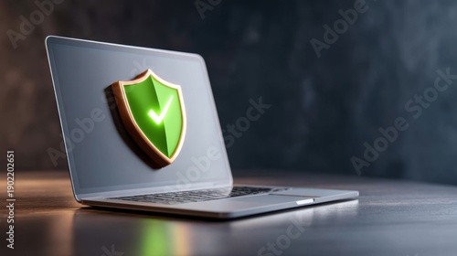 security success, access granted, safe connection, system repaired concept, modern laptop on a dark desk, the screen glows with a stable green shield icon