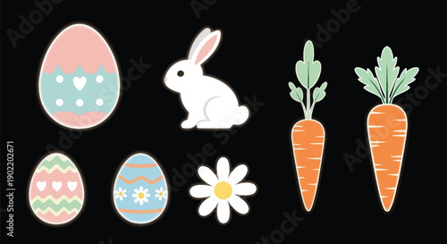 Adorable collection of brightly colored easter icons featuring decorated eggs a cute white bunny carrots and a cheerful springtime daisy flower