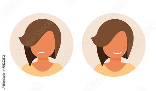 Woman face sad happy smile emotion icon minimal simple modern graphic illustration design, girl avatar profile good bad mood, female user unhappy and cheerful satisfaction image clip art set
