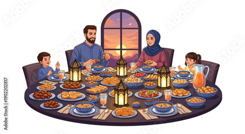 Illustration of a Muslim family sharing iftar dinner together at a table with various traditional foods and lanterns in a warm atmosphere during Ramadan.