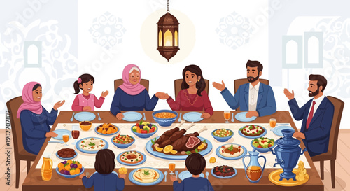 Illustration of a Muslim family sharing a meal together during iftar, breaking their fast on a festive Ramadan evening with traditional foods and decorations.