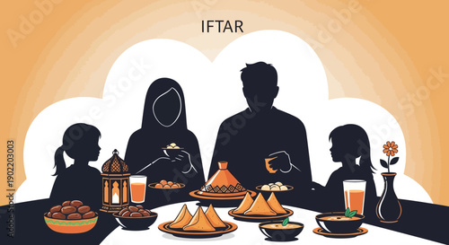 Silhouette of a Muslim family breaking their fast together on Ramadan, sharing a meal with traditional foods and drinks in a warm atmosphere.
