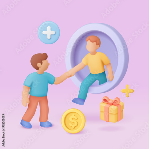 Two people shaking hands with gift box, coin, and plus icons representing referral program, partnership, and reward system in business marketing vector illustration