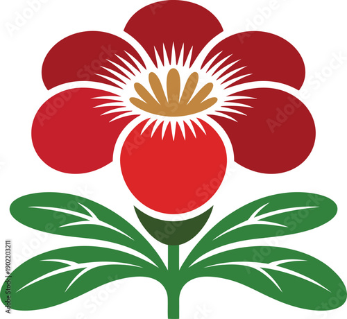 Vibrant red flower with green leaves illustration
