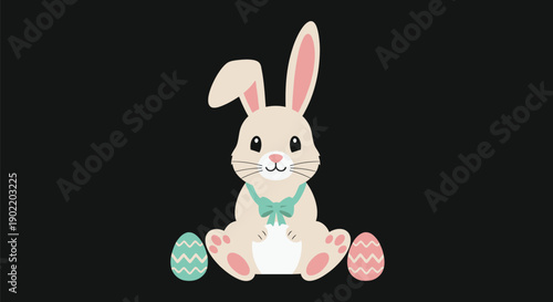 Adorable illustration of a cute cream colored bunny rabbit character wearing a turquoise bow tie sitting between two festive patterned easter eggs