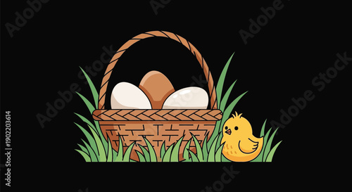Adorable cartoon baby chick peeking out from behind a woven basket filled with brown and white eggs surrounded by bright green grass illustration