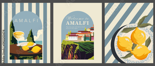 Italy, Amalfi, Set of tourist postcards, wall posters, banners, covers