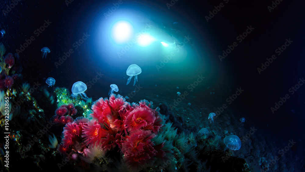 Obraz premium Underwater jellyfish floating against glowing light in deep ocean reef environment for marine exploration and educational content