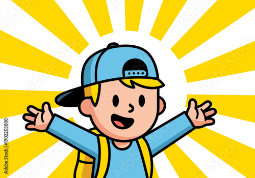 Happy Boy Wearing A Backpack And Cap With Open Arms And A Big Smile Illustration