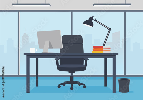 A productive modern office desk with a computer and lamp, ready for work in a bright workspace