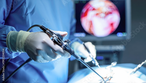 Surgeon performing endoscopic surgery in operating room with monitor display in medical facility, healthcare and medical technology applications