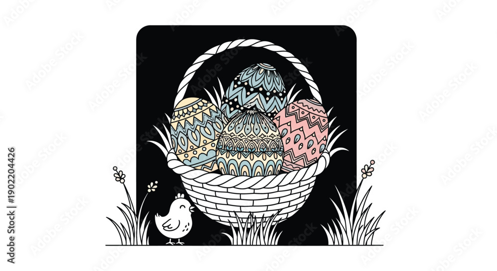 Obraz premium Adorable little chick stands beside a woven basket overflowing with intricately decorated Easter eggs nestled in tall grass against a dark background