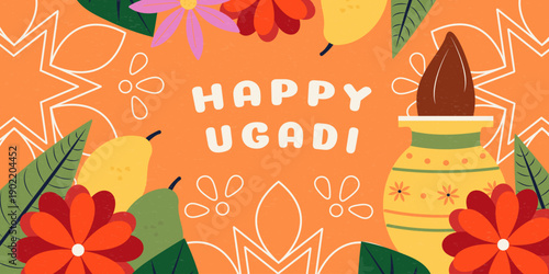 Happy Ugadi banner with flowers, jug, leaves, mango, coconut and text on orange background. Vector design