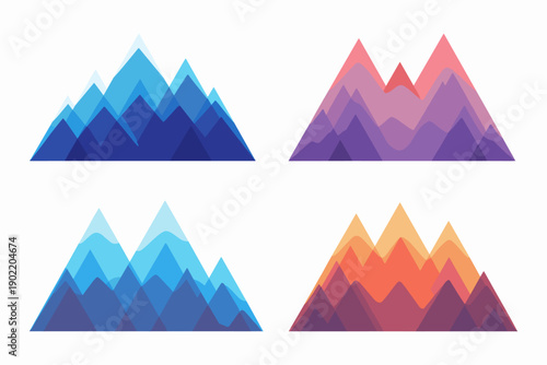 Layered mountain ranges in four distinct color schemes, abstract landscape illustration with overlapping peaks