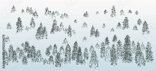 Pixel background with coniferous forest with blue fog.