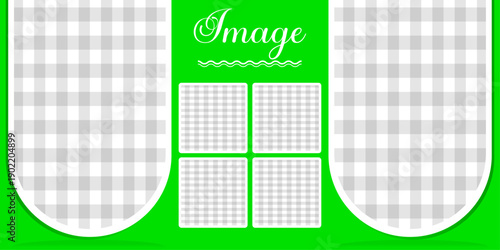 Modern Green Graphic Presentation Template with Dual Arched Frames and Four Small Central Grid Sections for Social Media and Creative Web Layouts.