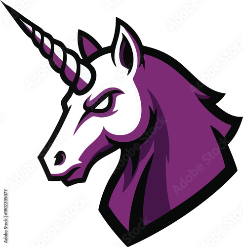 Purple Unicorn Head Illustration with Horn.
