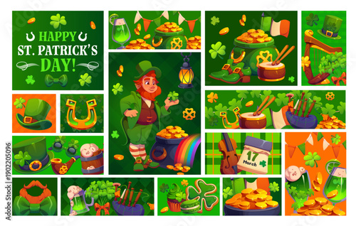 Happy St Patrick Day holiday collage with leprechaun and shamrock clovers, vector posters. Irish bagpipe with lucky horseshoe, leprechaun gold pot with rainbow and green ale for Saint Patrick greeting