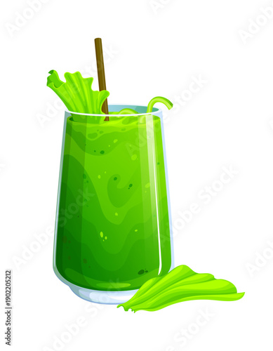 Green vegan smoothie drink in transparent glass with lettuce leaf and straw, vector isolated on white. Healthy vegan drink or green organic smoothie of fresh lettuce or herbs for vitamin juice drink