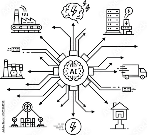 illustration of artificial intelligence interconnected with various industry sectors including