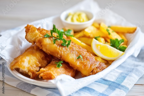 Traditional British fish and chips with parsley composition on clean white textured background