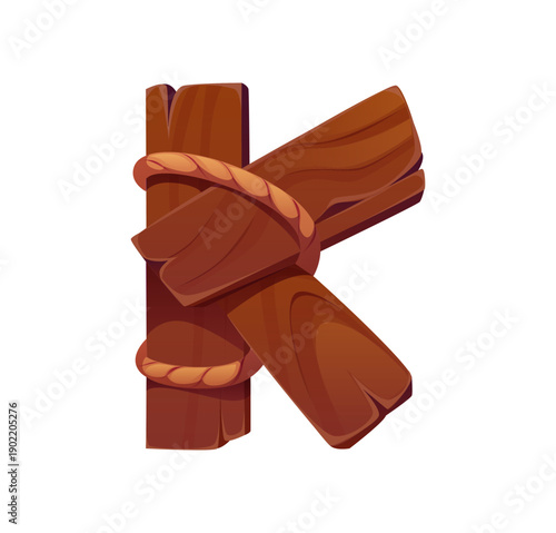 Pirate font letter or Caribbean corsairs typeface, cartoon vector English alphabet type. Piracy typography letter K in shape of wooden plank of ship or sailboat wreck with sailing rope for pirate font