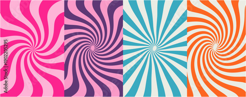 Vibrant psychedelic swirl background set with colorful pink purple teal and orange wavy spiral patterns for design