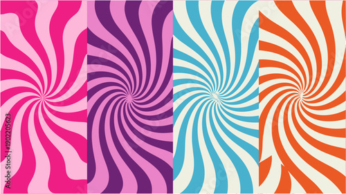 Retro colorful swirl background collection set with abstract psychedelic spiral pattern and groovy vintage textures
