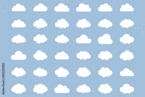 Set of white cloud icons on a gray background. Cloud icons vary in shape and size. Simple cloud design for weather apps, cloud icons for graphic design. Weather illustration, vector set.