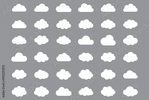 Eight white cloud icons on a gray background. Cloud shapes vary, creating a simple cloud pattern. Cloud icons are uniform, emphasizing cloud design. Weather illustration, vector se