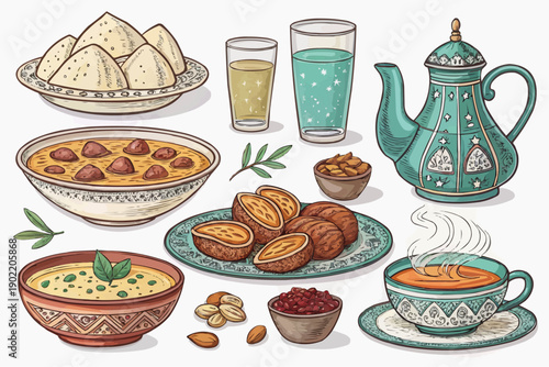 Ramadan iftar food and drink vector set with traditional middle eastern cuisine