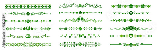 Green Irish shamrock clover divider borders for St Patrick day holiday, vector decorations. Saint Patrick frame borders and dividers with shamrock trefoil clover, green ale beer mugs and horseshoe