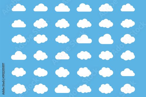 Set of white cloud icons on a gray background. Cloud icons vary in shape and size. Simple cloud design for weather apps, cloud icons for graphic design. Weather illustration, vector set.
