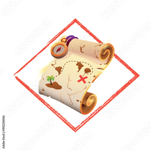 Fantasy Treasure Map Icon in Diamond Frame on Light Background, Game Quest UI Asset