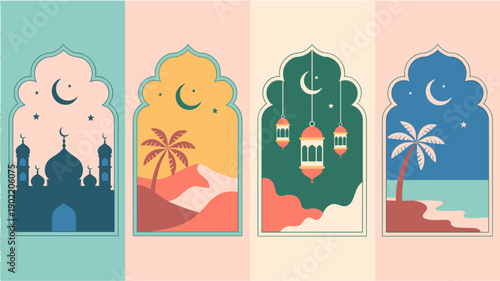 Four decorative arched windows with Islamic motifs, Eid Mubarak celebration design