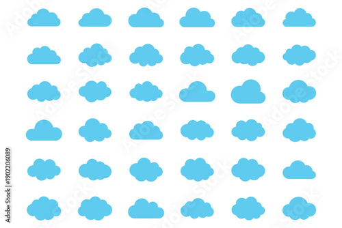 Set of white cloud icons on a gray background. Cloud icons vary in shape and size. Simple cloud design for weather apps, cloud icons for graphic design. Weather illustration, vector set.