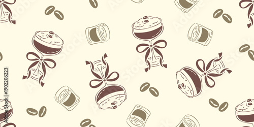 Seamless pattern of espresso martini cocktails with ribbons and coffee beans in a vintage hand-drawn style for fabric and wrapping paper.