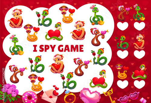 I spy game worksheet with Valentine day snakes. Vector kids riddle educational learning activity puzzle featuring adorable cartoon reptiles in romantic poses and outfits, surrounded by heart and gifts