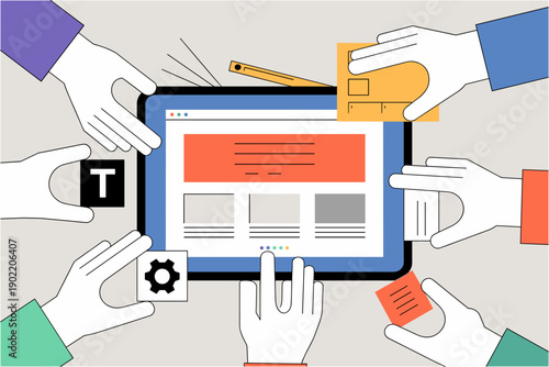 Hands working on website design concept flat vector illustration team building interface for digital tablet screen