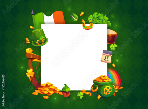 Happy st Patrick day banner. Cartoon vector square holiday frame surrounded by lucky horseshoe, gold coins, shamrocks, pot of gold, irish flag, calendar, leprechaun hat, a harp and a festive cupcake