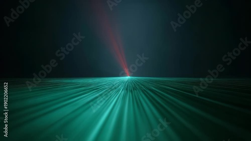 Abstract dark  with green light streaks converging toward  central red laser beam