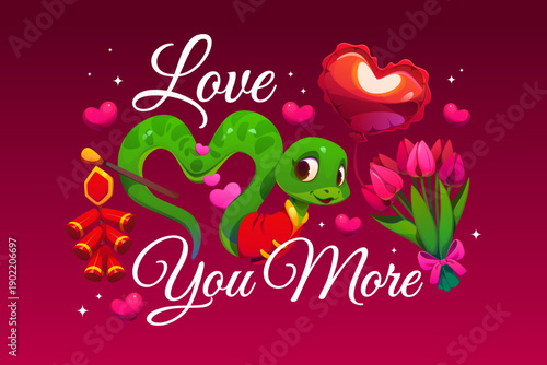 Love you more Valentine day t shirt quote or greeting card with a playful cartoon cute snake in shape of heart holding Chinese petards, surrounded by tulips and hearts. Vector charming joyful message