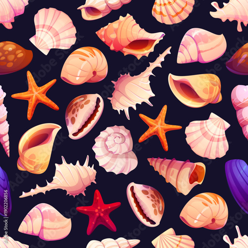 Cartoon seashells and mussels seamless pattern with colorful sea shells, conch and starfish. Vector marine tile background with a vibrant ocean seashells for summer, beach, or underwater wallpaper