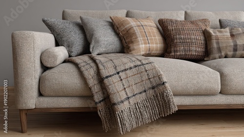 Comfortable beige sofa with assorted pillows and a patterned blanket