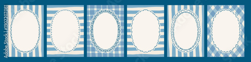 Retro blue oval whimsical hand drawn banners with line frames set. Perfect for boy baby shower party, wedding, birthday design.