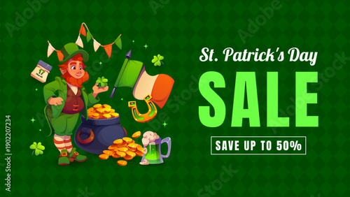 St Patrick day sale banner with leprechaun gold coins and shamrock clover, vector ad poster. Saint Patrick day and Irish holiday sale banner for 50 discount promo or store and shop promotion offer