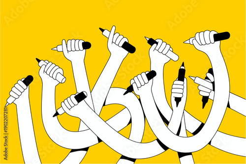 Multiple hands holding pens and markers reaching up on yellow background representing collective creativity and unity