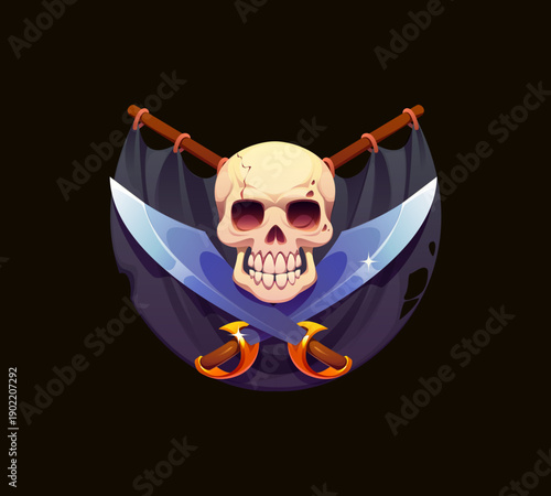 Game asset of pirate skull with crossed sabers and black ship sails. Cartoon vector pirate heraldry icon, heraldic emblem with grinning jolly Roger skull and crossed swords, evokes high seas adventure
