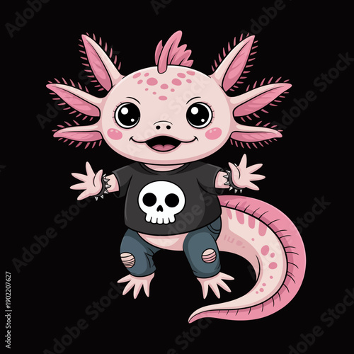 A cheerful cartoon axolotl is shown with a big smile, adorned in a black T-shirt featuring a skull motif. The background is a soft pink, complementing the character's playful and punk vibe.