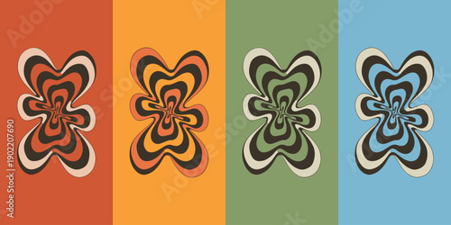 Psychedelic wavy pattern in four different color palettes on solid color backgrounds, abstract groovy design